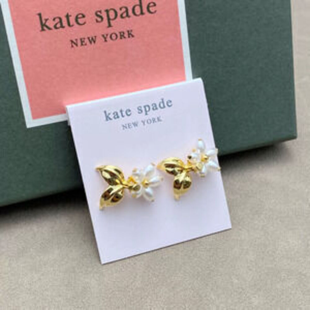 kate spade Rhinestone Pearl Lemon Leaf Flower Stud Earrings
